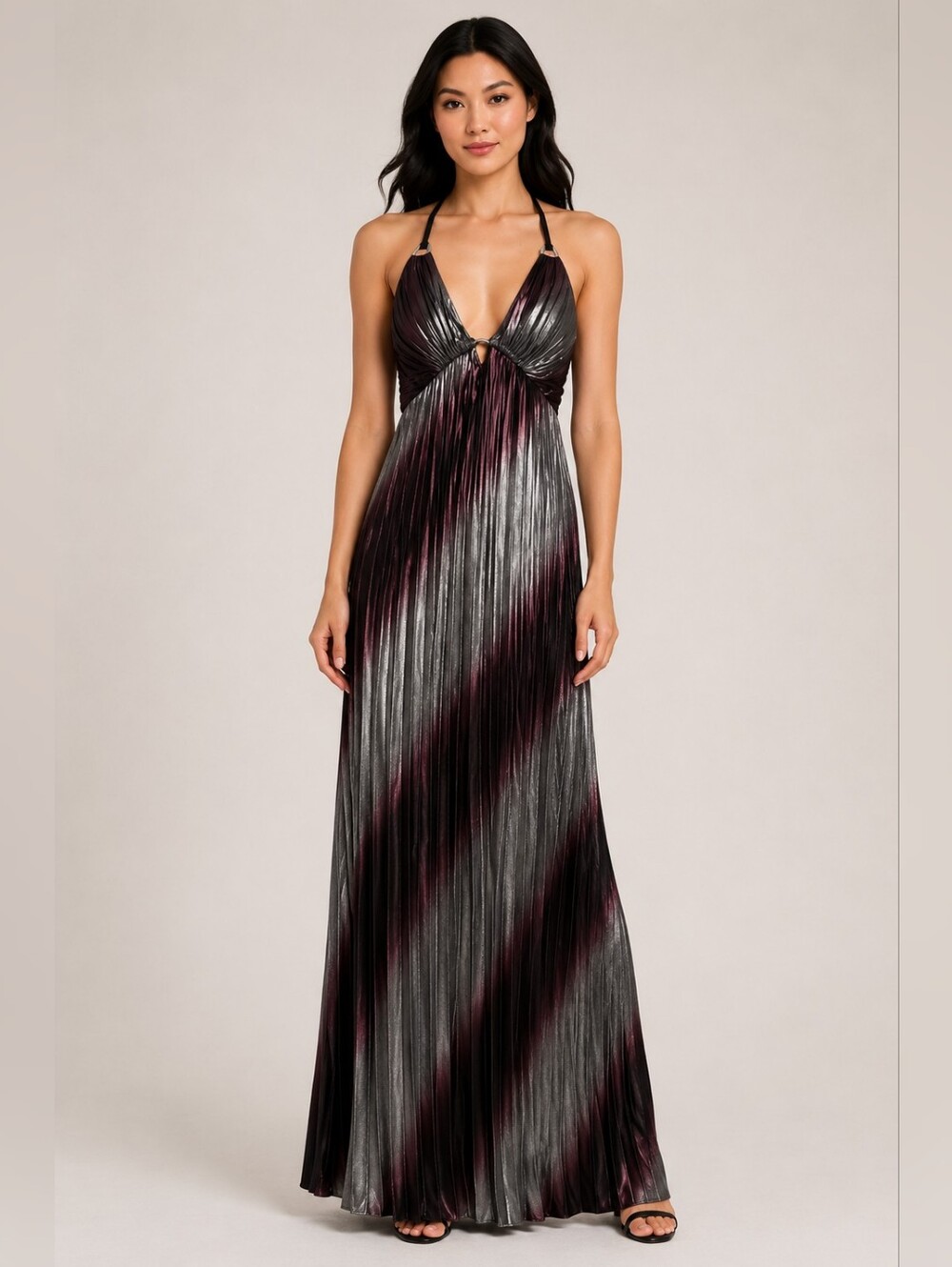 Morgan & Co. Metallic Black and Plum Halter Pleated Maxi Dress